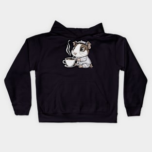 printed design of a guinea pig sipping a cup of coffee, cute cartoon style Kids Hoodie